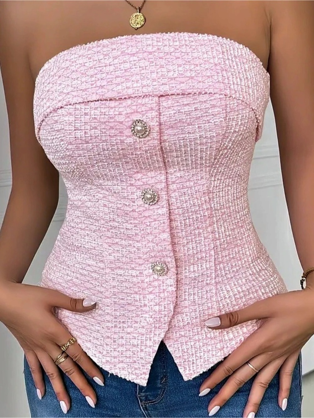 Strapless Pink/White Tweed Top